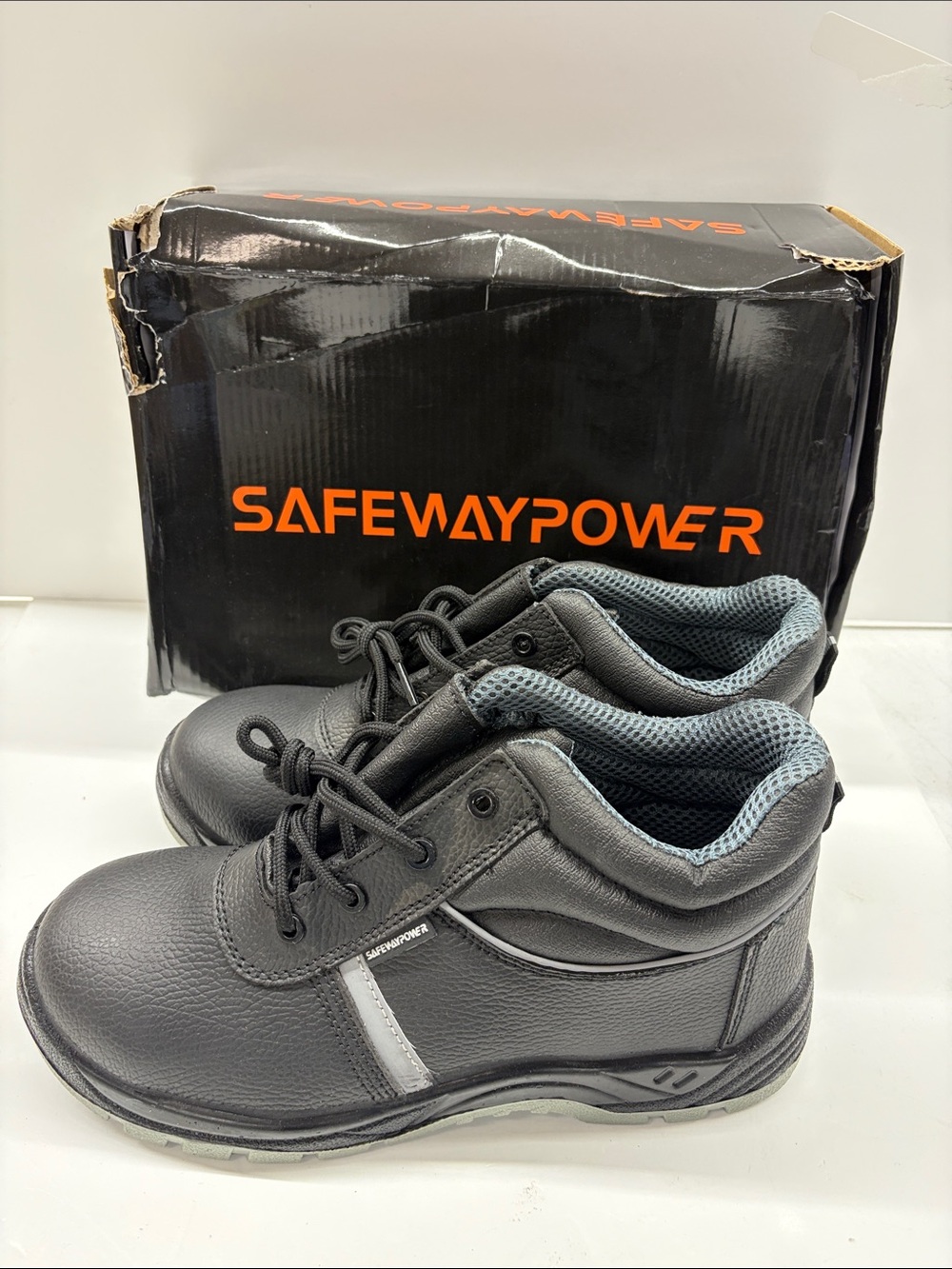 NEW Safewaypower Men's Steel Toe Safety Boots with Gray Mesh Collar Size 9.5